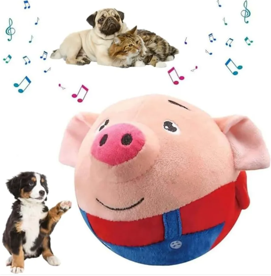 Bouncing squeaky pig plush toy in blue overalls with curious puppy