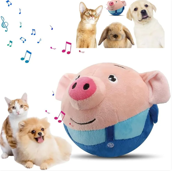 Interactive bouncing pig plush toy loved by dogs and cats