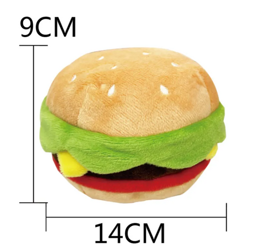 Burger novelty squeaky dog toy, 14cm plush cheeseburger